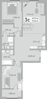3-к квартира, строящийся дом, 75м2, 9/10 этаж
