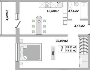 1-к квартира, строящийся дом, 44м2, 24/25 этаж