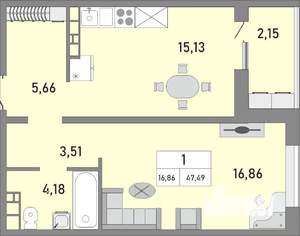 1-к квартира, строящийся дом, 47м2, 25/25 этаж