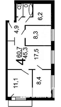 3-к квартира, вторичка, 61м2, 5/6 этаж