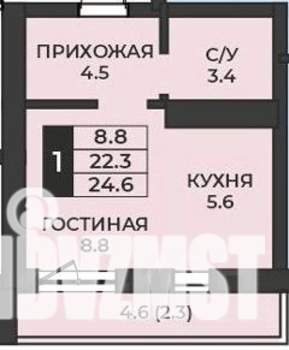1-к квартира, строящийся дом, 25м2, 1/7 этаж