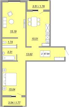 2-к квартира, сданный дом, 64м2, 2/24 этаж