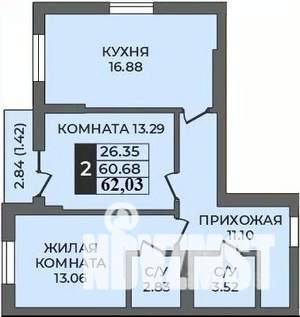 2-к квартира, строящийся дом, 62м2, 4/9 этаж