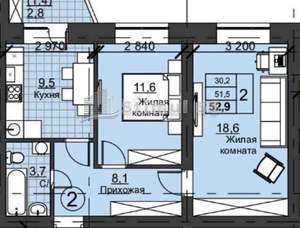 2-к квартира, вторичка, 53м2, 2/3 этаж