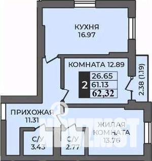 2-к квартира, строящийся дом, 62м2, 3/12 этаж
