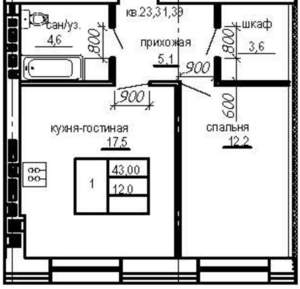 1-к квартира, вторичка, 43м2, 2/4 этаж