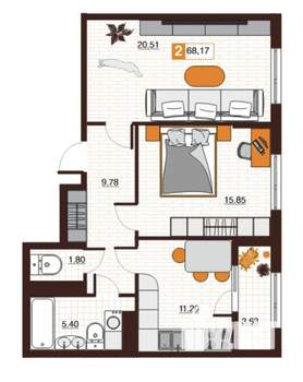 2-к квартира, вторичка, 68м2, 1/13 этаж
