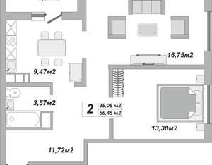 2-к квартира, вторичка, 56м2, 1/25 этаж