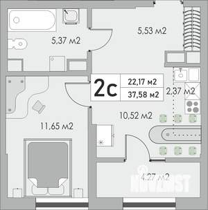 2-к квартира, строящийся дом, 38м2, 8/10 этаж
