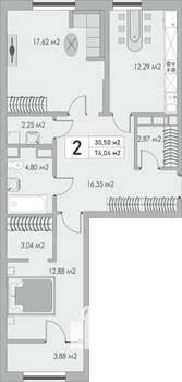 2-к квартира, строящийся дом, 74м2, 9/10 этаж