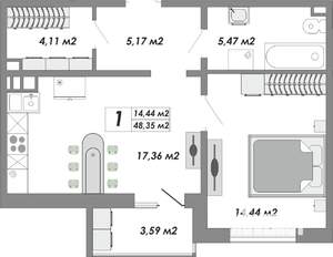 1-к квартира, строящийся дом, 48м2, 2/17 этаж