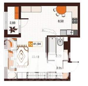 1-к квартира, строящийся дом, 42м2, 3/17 этаж