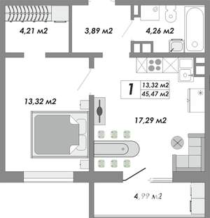 1-к квартира, строящийся дом, 45м2, 6/17 этаж