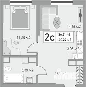 2-к квартира, строящийся дом, 40м2, 2/10 этаж