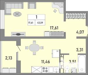 1-к квартира, строящийся дом, 42м2, 2/25 этаж