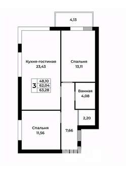 2-к квартира, вторичка, 63м2, 6/10 этаж