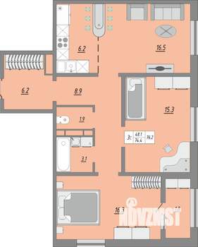 3-к квартира, вторичка, 76м2, 17/24 этаж
