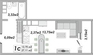 1-к квартира, строящийся дом, 27м2, 20/25 этаж