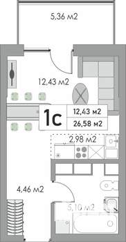 1-к квартира, строящийся дом, 27м2, 6/10 этаж