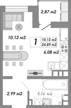 1-к квартира, строящийся дом, 25м2, 6/17 этаж