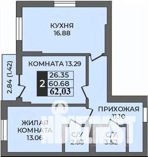 2-к квартира, строящийся дом, 62м2, 2/9 этаж