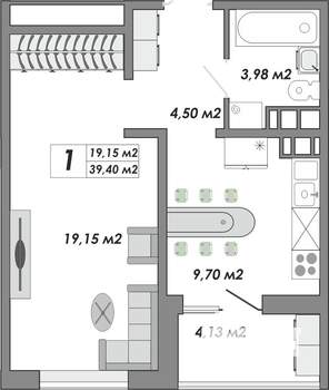 1-к квартира, строящийся дом, 39м2, 2/9 этаж