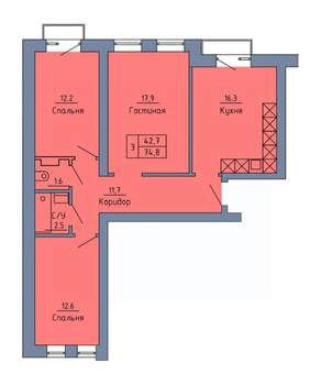 3-к квартира, сданный дом, 75м2, 2/4 этаж