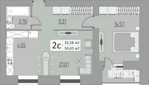 2-к квартира, строящийся дом, 55м2, 1/15 этаж
