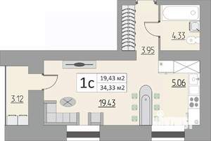 1-к квартира, строящийся дом, 34м2, 9/15 этаж