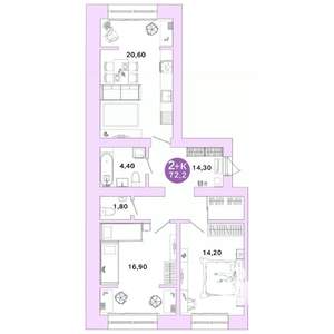 2-к квартира, вторичка, 72м2, 1/4 этаж