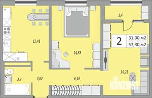 2-к квартира, строящийся дом, 57м2, 5/24 этаж