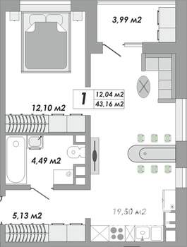 1-к квартира, строящийся дом, 43м2, 3/9 этаж