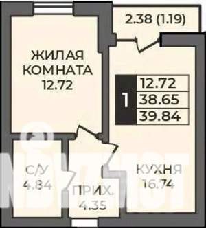 1-к квартира, строящийся дом, 40м2, 9/12 этаж