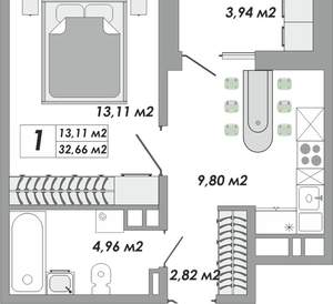 1-к квартира, вторичка, 33м2, 6/9 этаж