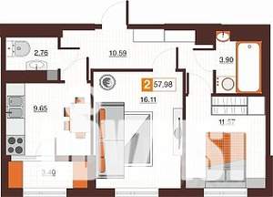 2-к квартира, строящийся дом, 58м2, 12/17 этаж