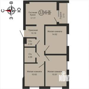 3-к квартира, вторичка, 77м2, 5/17 этаж