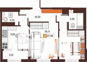 2-к квартира, вторичка, 58м2, 12/17 этаж