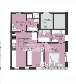 1-к квартира, вторичка, 69м2, 2/4 этаж