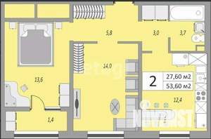 2-к квартира, вторичка, 54м2, 1/24 этаж