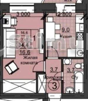 1-к квартира, вторичка, 34м2, 2/3 этаж