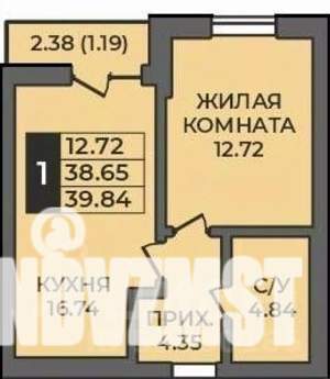 1-к квартира, строящийся дом, 40м2, 1/12 этаж