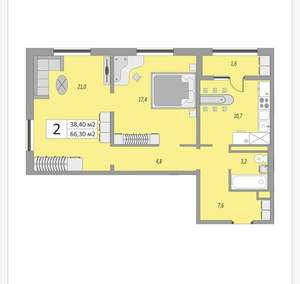 2-к квартира, вторичка, 66м2, 16/25 этаж