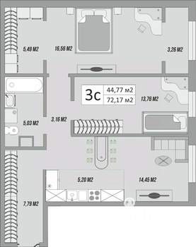 3-к квартира, строящийся дом, 75м2, 1/9 этаж