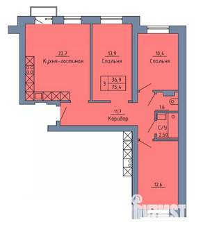 3-к квартира, строящийся дом, 76м2, 2/4 этаж
