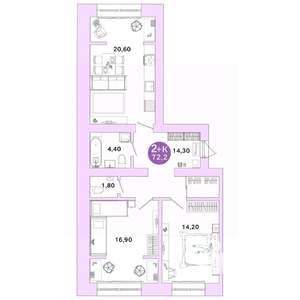 2-к квартира, вторичка, 72м2, 1/4 этаж