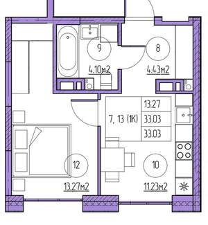 1-к квартира, вторичка, 33м2, 4/11 этаж