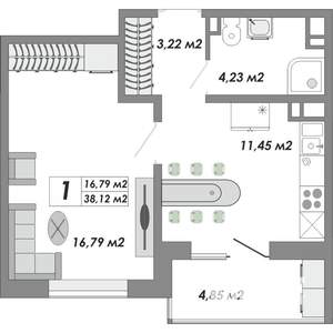 1-к квартира, вторичка, 38м2, 14/16 этаж
