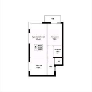 3-к квартира, строящийся дом, 64м2, 3/15 этаж