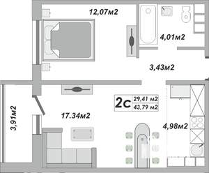 2-к квартира, строящийся дом, 44м2, 5/25 этаж