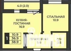 1-к квартира, строящийся дом, 39м2, 6/7 этаж